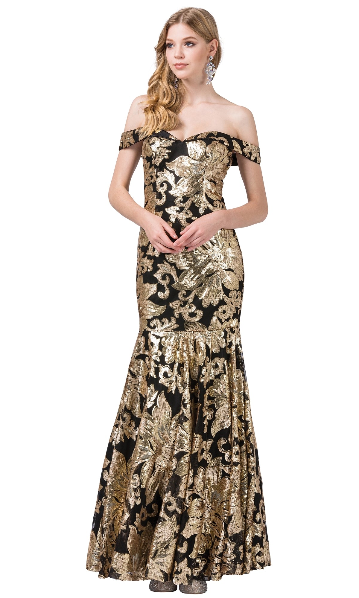 A woman in the Sequin-Print Off-the-Shoulder Long Formal Gown, featuring black fabric with gold floral sequin patterns, stands with her hands clasped.